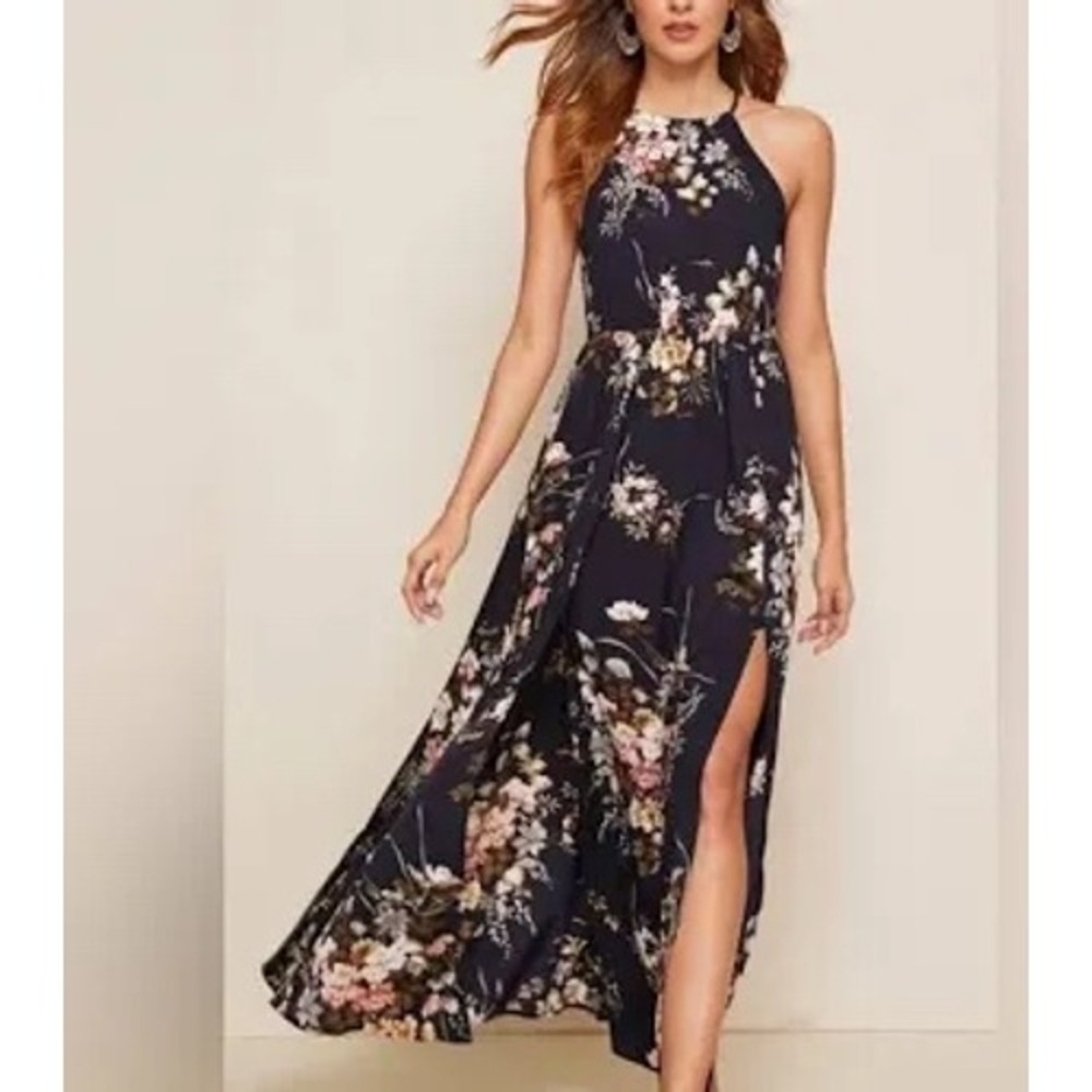 NWT Lulus Women‎ Black Floral Halter Maxi Dress Sleeveless Elastic Waist Size S